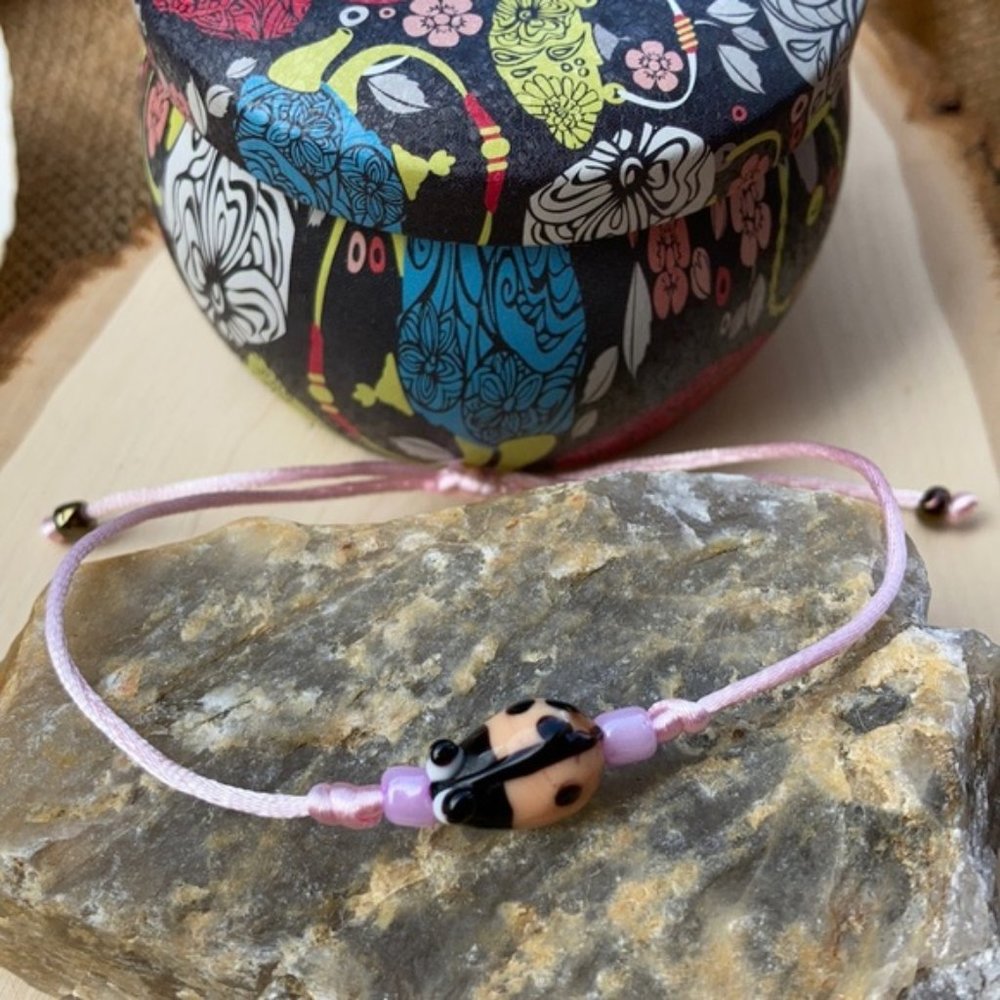 Ladybug Glass Pink Lampwork Bracelet